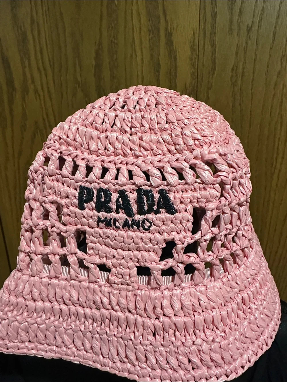 Prada Pink Crochet Bucket Hat with Black Logo
